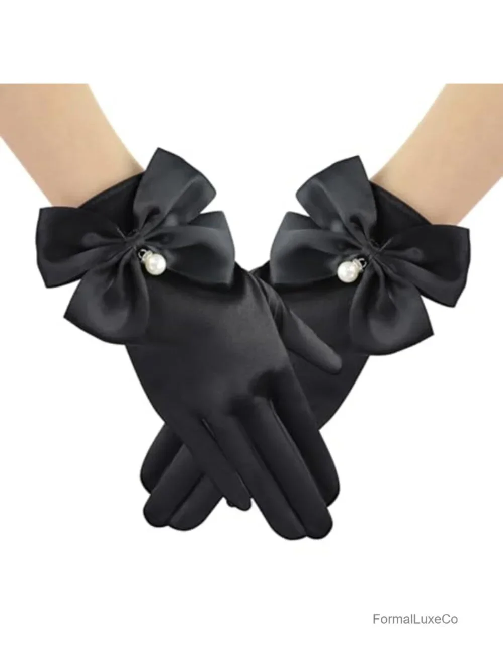 Satin Bow Pearl Wrist Length Dress Gloves for Women Wedding Opera Tea Party